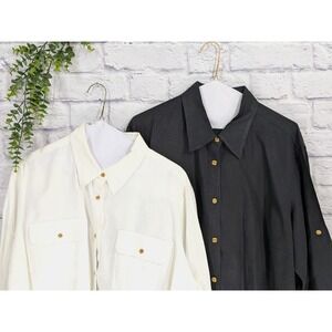 LINEN LOT 2🌿Lauren Ralph Lauren 2X Long Gold Button Shirt Women Roll Tab Luxe